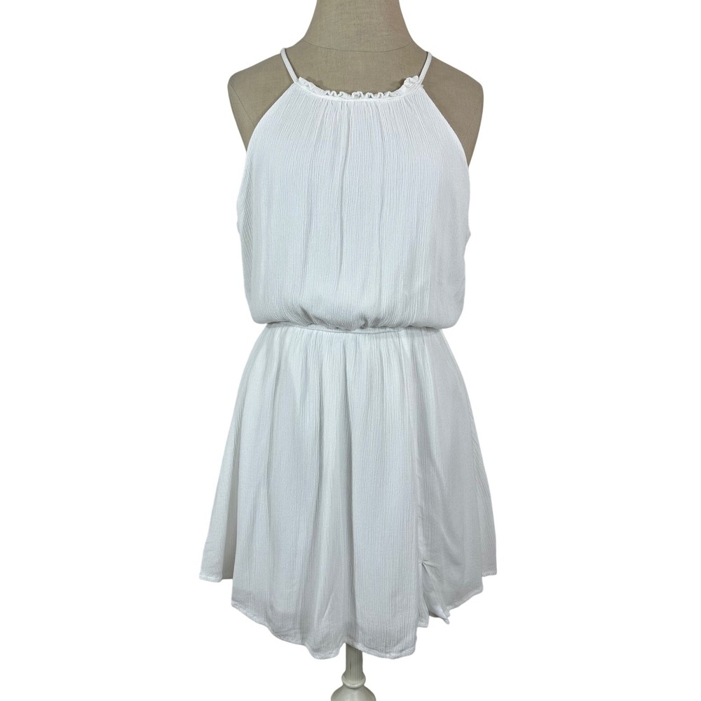 Blue Rain Womens White Halter Neck Mini Dress Elastic Waist Tie Back Size M